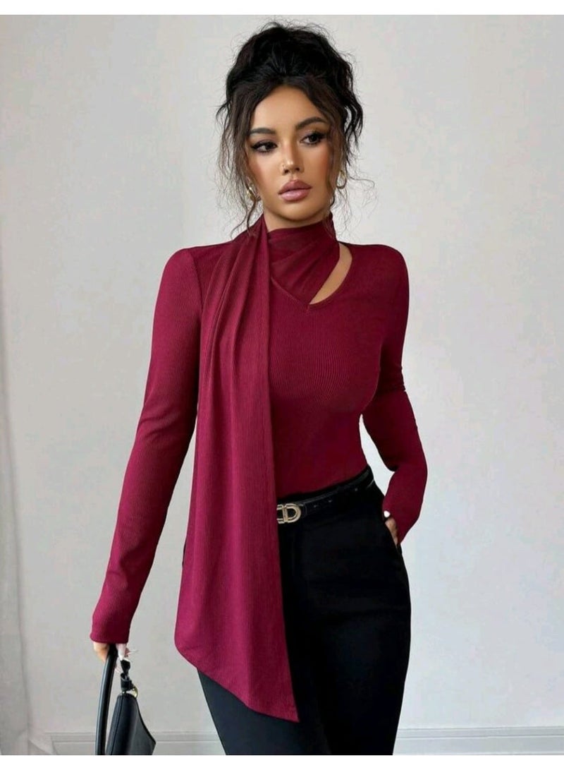 SHEIN Women's Burgundy Ribbed Texture Long Sleeve Fitted Casual BLOUSE Autumn/Winter - Image 1